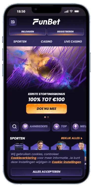 FunBet casino mobiele app homepage