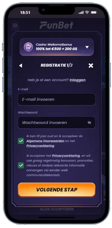 FunBet casino registratieformulier stap